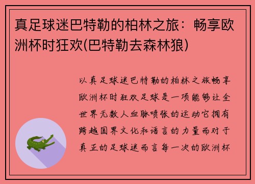真足球迷巴特勒的柏林之旅：畅享欧洲杯时狂欢(巴特勒去森林狼)