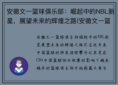 安徽文一篮球俱乐部：崛起中的NBL新星，展望未来的辉煌之路(安徽文一篮球训练基地)