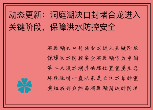 动态更新：洞庭湖决口封堵合龙进入关键阶段，保障洪水防控安全